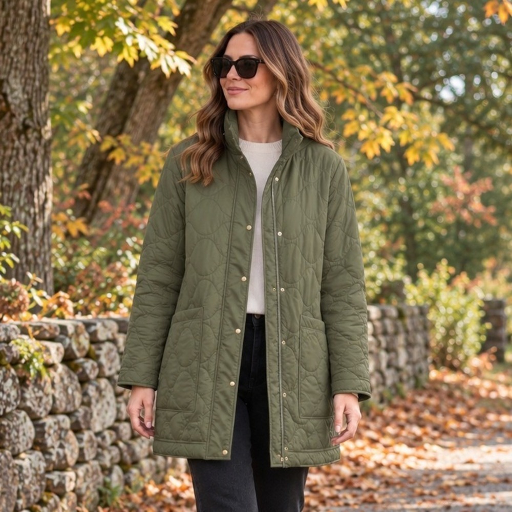 Quince Womens Featherless Quilted Long Puffer Jacket L Olive Green Lightweight